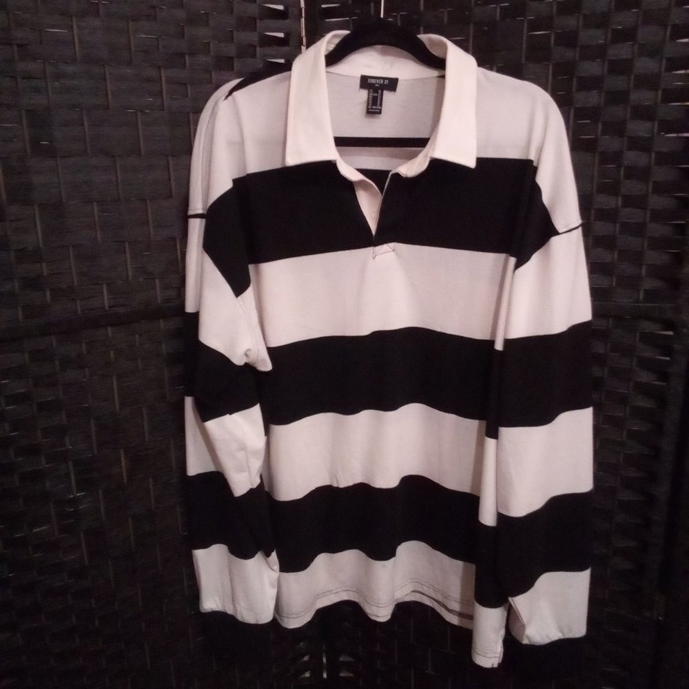 Polo Forever 21 Men's Rugby Striped Long Sleeve Shirt Cream and Black Size XL